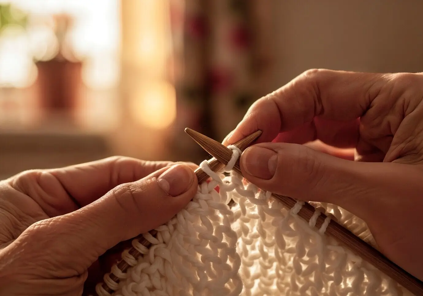 Hände, die mit Holzstricknadeln stricken